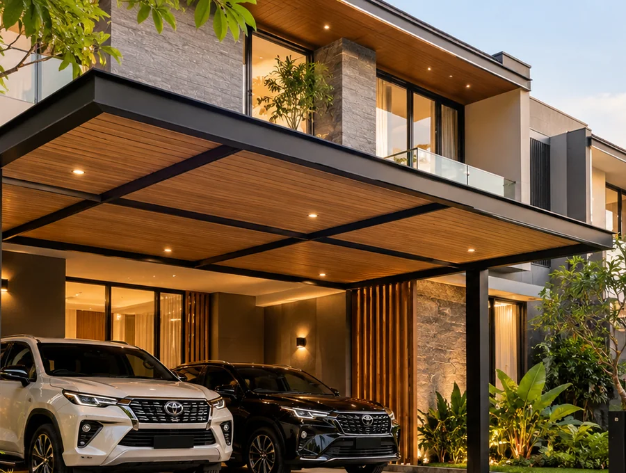 Detail kanopi besar dengan plafon kayu